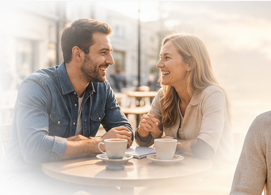 A couple in their thirties laughing over coffee